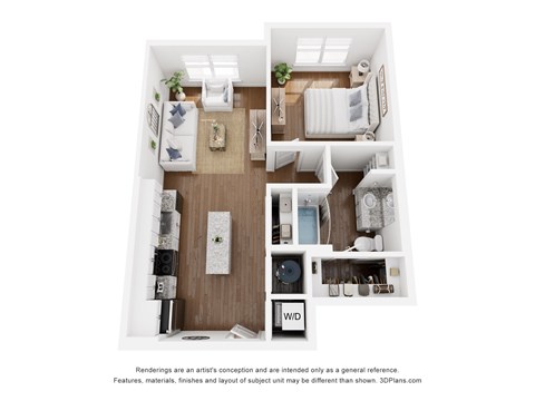 A floor plan of a small apartment with a kitchen, living room, and bathroom.